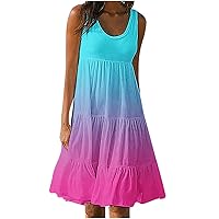 Deal of The Prime of Day Today Womens Knee Length Dress Summer Casual Dress Gradient Sleeveless Crewneck Swing Sundress Flowy Tiered Loose Beach Dresses Vestidos Verano Mujer