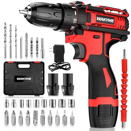 Cordless Drill Set 2 Batteries, WAKYME 12.6V Power Drill 30NM 18+1 Clutch, 3/8