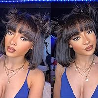Beauty Forever Wear and Go Human Hair Bob Wig with Bangs 1x3 HD Lace Glueless Wigs Blunt Cut Silk Straight Short Bob Human Hair Wigs with Bangs Realistic Look Natural Color 150% Density 10 Inch