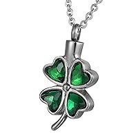 Lucky Four Leaf Clover Cremation Jewelry - Green Diamond Stainless Steel Urn Necklaces for Ashes