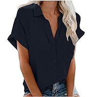 Blouses for Women Dressy Casual Solid Color Summer Short Sleeve Turndown Collar Button-Down Slim-Fit Shirt with Pocket