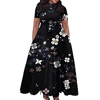 Women's Wrap Crew Neck Plus Size Maxi Dresses Short Sleeves Chain Floral Printed Swing Dress with Belt Summer Dresses for Women 2024 Vacation Trendy A Line Maxi Dresses