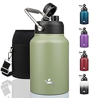 Half Gallon Jug with Handle,64oz Insulated Water Bottle with Carrying Pouch,Double Wall Vacuum Stainless Steel Metal Bottle,Camp Green