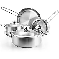 Stainless Steel Pots and Pans Set, 7-Piece Kitchen Cookware Sets with Glass Lids, Stay-Cool Handle, Oven Safe, Works with Induction/Electric and Gas Cooktops, Dishwasher