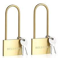 DELSWIN Keyed-Alike Solid Brass Padlock - Small Pad Locks with Same Key Weatherproof Long Shackle Lock for School Gym Locker and Tool Box, Pack of 2
