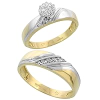 Genuine 10k Yellow Gold Diamond Trio Wedding Sets for Him and Her L Grooves 3-piece 6mm & 4.5mm wide 0.10 cttw Brilliant Cut sizes 5-14
