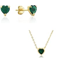 MAX + STONE 14k Yellow Gold Emerald Heart Shape Stud Earrings and Necklace Set for Women | 5mm May Birthstone Earrings with Push Backs | 5mm Gold Bezel Heart Pendant Necklace