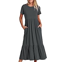 Women 2024 Casual Ruffle A-Line Dresses Summer Flowy Pleated Long Beach Dress Solid Short Sleeve Crewneck Dress