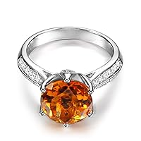 Fashion Women's Solid 14K White Gold Genuine Round Citrine Gemstone Diamond Wedding Engagement Band Ring
