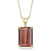 Gem Stone King 18K Yellow Gold Plated Silver Red Tiger Eye and White Lab Grown Diamond Pendant Necklace For Women (6.52 Cttw, Gemstone Birthstone, Emerald Cut 14X10MM, with 18 Inch Silver Chain)