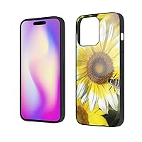 Bee & Sunflowers Printed Case for iPhone 14 Pro Cases 6.1 Inch - Tempered Glass Shockproof Protective Phone Case Cover for iPhone 14 Pro,Not Yellowing