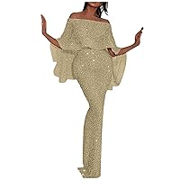 Party Dresses for Women 2023 Fashion Sexy Off Shoulder Slim Fit Sequin Wrap Hip Split Party Dress New Years Eve Dress