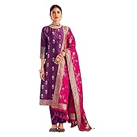 Purple Wedding Party wear Woman Designer Silk Jacquard Straight Salwar Kameez Indian Stitched Zari weaving Suit 3509