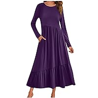 Winter Dresses for Women 2024 Long Sleeves Maxi Dress Casual Loose Tiered Flowy Swing Beach Long Dresses with Pockets