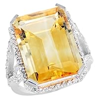 10K White Gold Diamond Natural Citrine Ring Emerald-cut 18x13mm, sizes 5-10