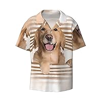 Golden Retriever Men's Summer Short-Sleeved Shirts, Casual Shirts, Loose Fit with Pockets