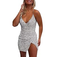 Sexy V-Neck Homecoming Dresses Short Tight Fitted for Teens Backless Sparkly Prom Party Gowns with Slit