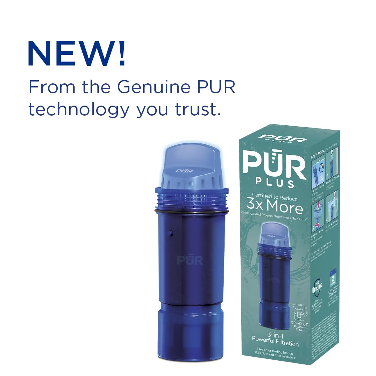 PUR PLUS Water Pitcher & Dispenser Replacement Filter 3-Pack, Genuine PUR Filter, 3-in-1 Powerful Filtration for More Chemical & Physical Substance Reduction, 6-Month Value, Blue (CRF950Z3)