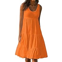 Elegant Dresses for Women Tank Dresses Summer Pleated Bohemian Dresses Cute Round Neck Sleeveless Midi Sundress Flowing Beach Straight Vest Dresses Orange 3X-Large