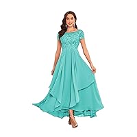 Tea Length Mother of The Bride Dresses for Wedding with Ruffle Lace Short Sleeve Chiffon Formal Evening Gown