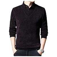 Men Winter Soft Sweater Korean Casual Fake Two Pullover Fleece Thick Warm Knitted Solid Colors Jumper