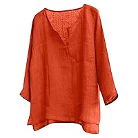 Linen Shirts,Long Sleeve 2024 Trendy Plus Size T-Shirt Solid Fashion Casual Button Top Blouse Outdoor Shirt Lightweight Tees Orange S