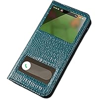 LOFIRY- Genuine Leather Case for iPhone 14 Plus, Luxury Clear View Window Magnetic Flip Stand Bookstyle Protective Phone Case Cover for iPhone 14 Plus (iPhone 14 Plus,Ablue)