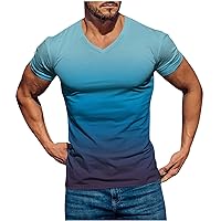 Men's T Shirt Casual V-Neck Gradient Color Printing Pullover Summer Fitness Sports Short Sleeves Tee Shirts for Men