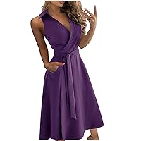 Women's Bohemian Beach Swing Round Neck Trendy Dress Sleeveless Knee Length Casual Summer Flowy Solid Color