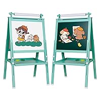 Easel for Kids Double-Sided Wooden Art Easel Toddlers Kids Easel with Paper Roll,Magnetic Easel with Whiteboard & Chalkboard,Magnetic Letters and Accessories for Boys Girls Aged 3-10 （Green)
