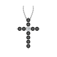 14k White Gold timeless cross pendant set with 10 charismatic black diamonds (1/2ct, I1 Clarity) encompassing 1 round white diamond, (.055ct, H-I Color, I1 Clarity), hanging on a 18