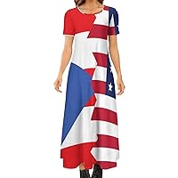 Puerto Rican American Flag Women's Short Sleeve Maxi Dress Summer Casual Loose Long Dresses for Beach Party