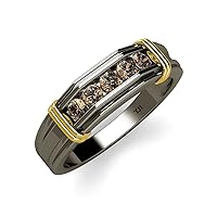 Round Smoky Quartz 1/2 ctw 5 Stone Men Wedding Ring in Black Rhodium Plated 14K Gold