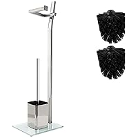 WC Set - Shiny Chrome –22x18x70cm– Toilet Paper Holder and Toilet Brush incl. – Stainless Steel Chrome Plated – Strong Glass Base – Plus: 1+2 Replacement Toilet Brush Heads!