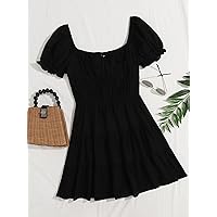 Dresses for Women - Tie Neck Ruched Bust Puff Sleeve Tiered Dress (Color : Black, Size : X-Small)