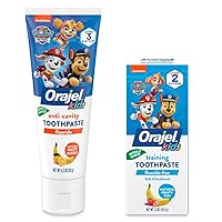 Kids Paw Patrol Fluoride-Free Training Toothpaste, Fluoride-Free Toothpaste, 1.5oz Tube with Orajel Kids Paw Patrol Anti-Cavity Fluoride Toothpaste, Natural Fruity Bubble Flavor, 4.2oz Tube