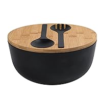 Bamboo Fiber Salad Bowl with Servers Set Large 9.8inches Nature Bamboo Mixing Bowl with Servers with Lid Spoon and Fork for Fruits ,Salads and Vegetables (Black, 10inch)