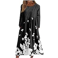 Womens 2023 Fall Dress Plus Size Casual Long Sleeve Midi Dress Cute Floral Print Pleated Flowy Pocket Dresses