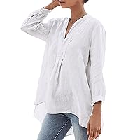 Womens Long Sleeve Cotton Linen Shirts Irregular High-Low Hem Tunic Tops Plus Size Casual Loose V Neck Blouses