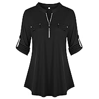 Ninedaily Women's 3/4 Sleeve Plaid Shirts Zip Floral Casual Tunic Blouse Tops
