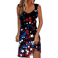 Womens American Flag Dress 4th of July Dress for Women America Flag Print Sexy Vintage Fashion with Sleeveless Round Neck Splice Dresses Dark Blue Large