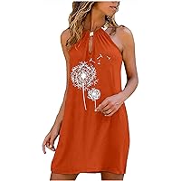 Women's Bohemian Swing Dress Casual Summer Foral Print Hawai Flowy Sleeveless Knee Length Beach Round Neck Trendy Orange