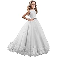 Ball Gown Floor Length Flower Girl Dresses Party Tulle Sleeveless Jewel Neck with Ruching(14,All-White)