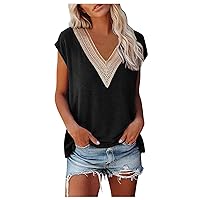 Women's Shirts and Blouses Solid Color Short-Sleeved V-Neck Lace Patchwork T-Shirt Top Short Sleeve Blouses, S-2XL