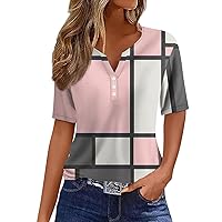 Tops for Women Trendy Short Sleeve V Neck Casual Undershirt Holiday Button Down Henley Colorblock Light Sweatshirts