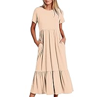Selling! Women Midi Tshirt Dress Casual Short Sleeve Tiered Ruffle Tunic Dresses Solid Loose Swing Long Dress Summer Casual Sundress 3/4 Sleeve Dresses for Women Beige
