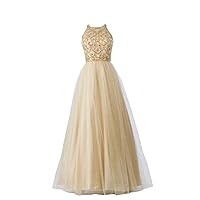 Sparkly Sequins Tulle A line Jewel Neck 2024 Prom Formal Dresses Long Keyhole Back Crystal