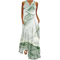 V Neck Sleeveless Maxi Dress for Women Landscape Marble Print Long Tank Dress Summer Casual Dress with Pockets