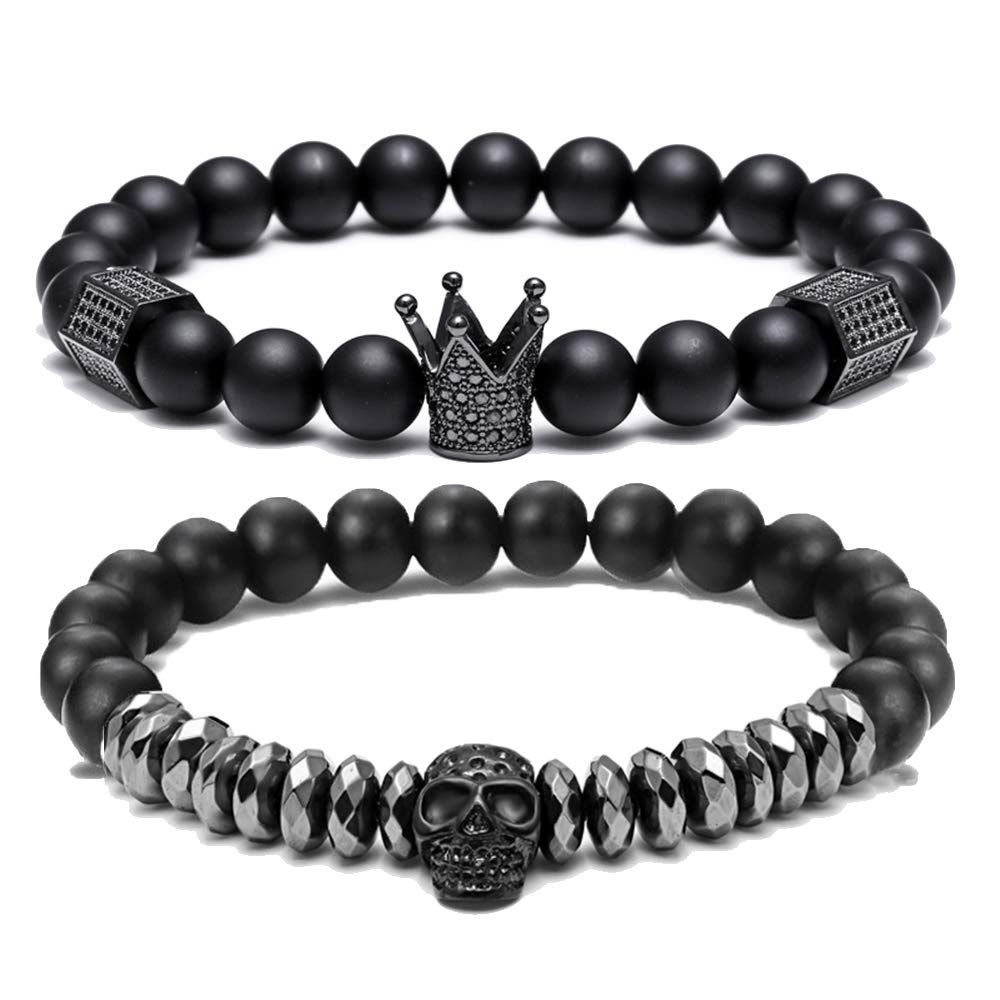 SEVENSTONE 8mm Crown King Charm Bracelet for Men Women Black Matte Onyx Stone Beads