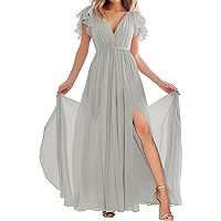 V-Neck Short Sleeve Bridesmaid Dresses - Chiffon Formal Dress Evening Gown for Wedding with Slit